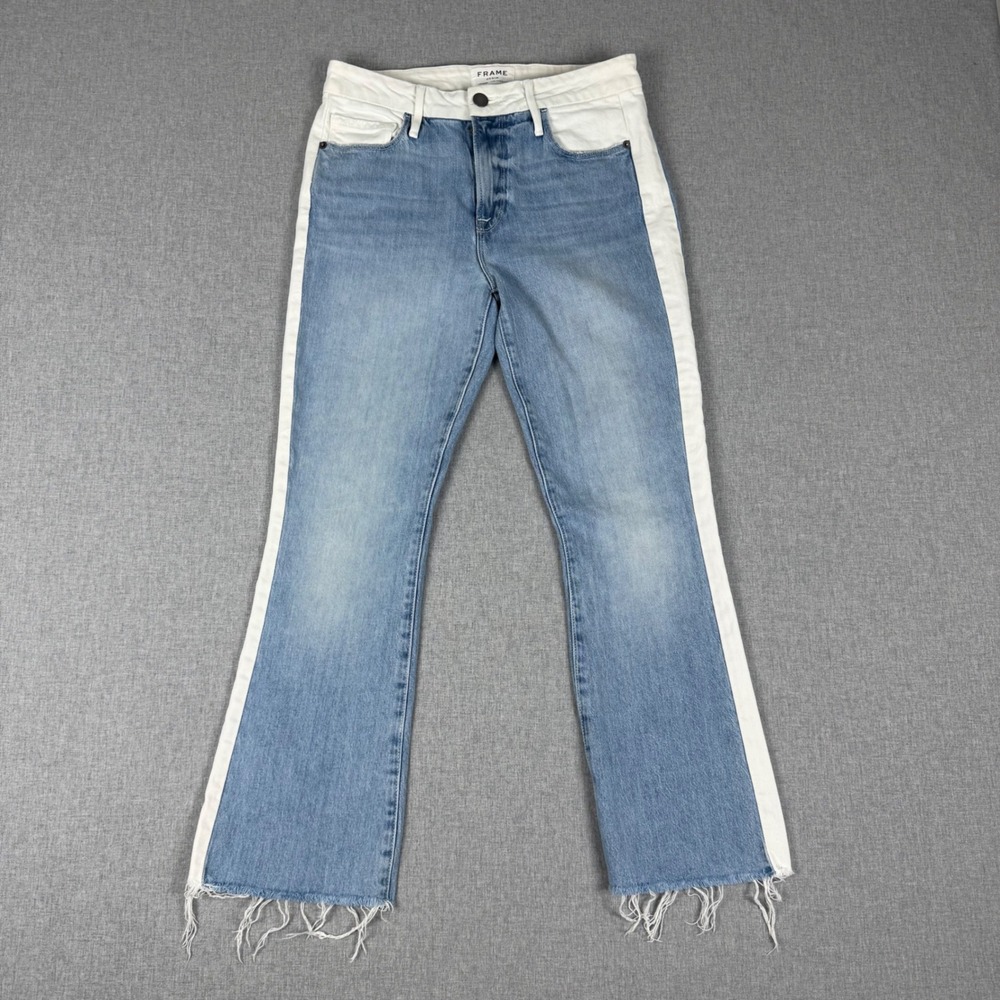 Frame Le Crop Mini Boot Blue White Side Stripe Jeans Size 27 Frayed Hem Olin